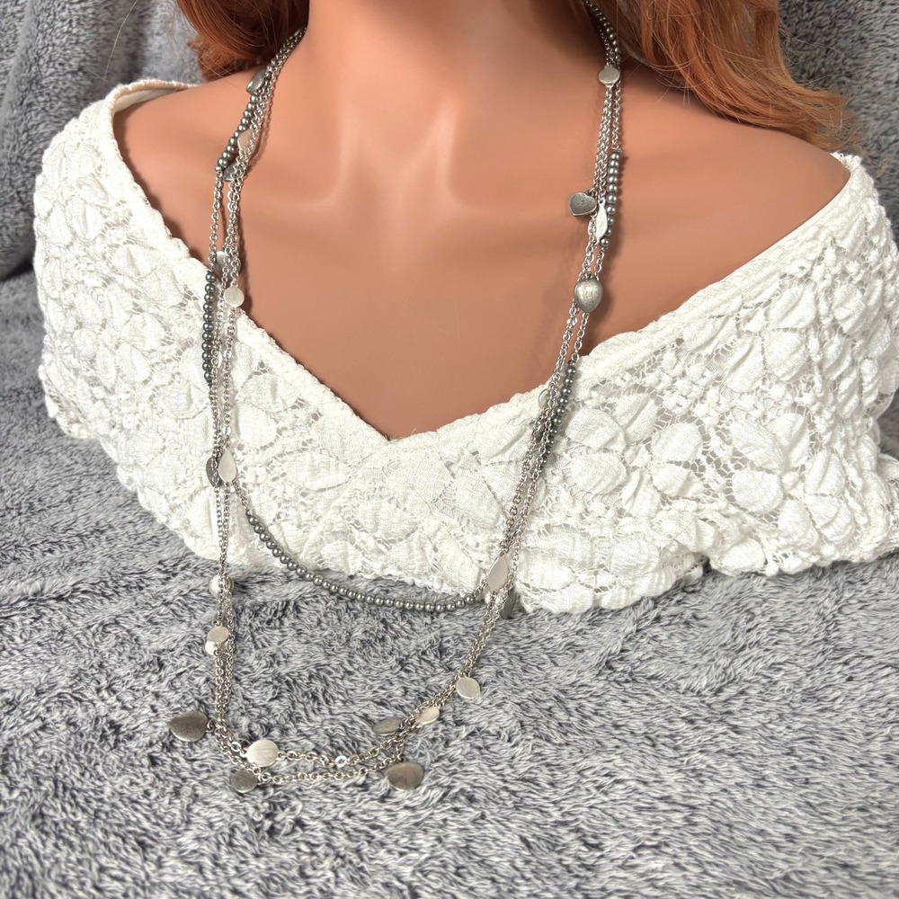 Statement Necklace Silver Tone Layered Disc Bead Minimalist Boho Y2K Coin 21882